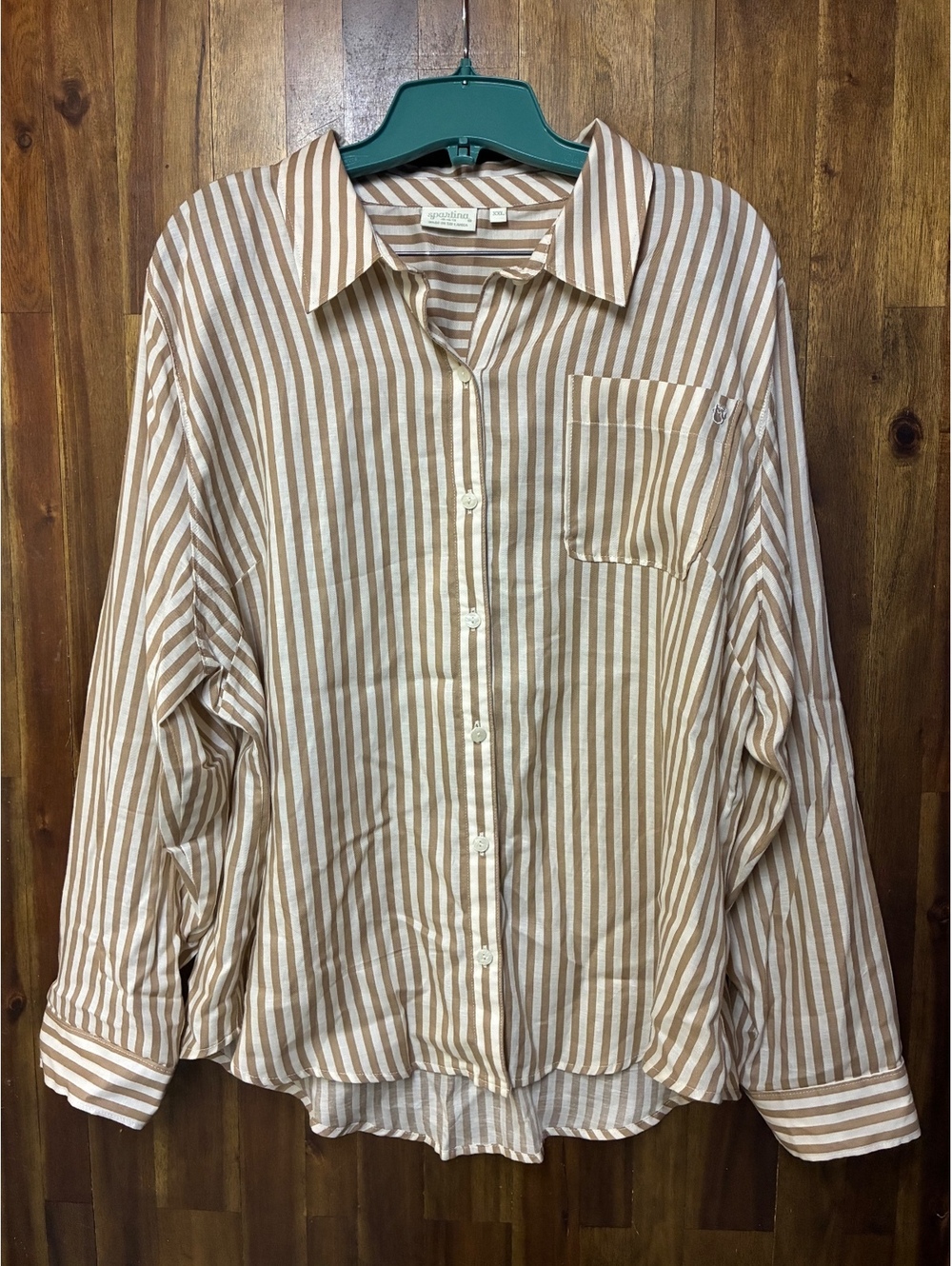 Spartina 449 XXL Tan Cream Striped Button Down Shirt Linen Tencel Coastal Preppy